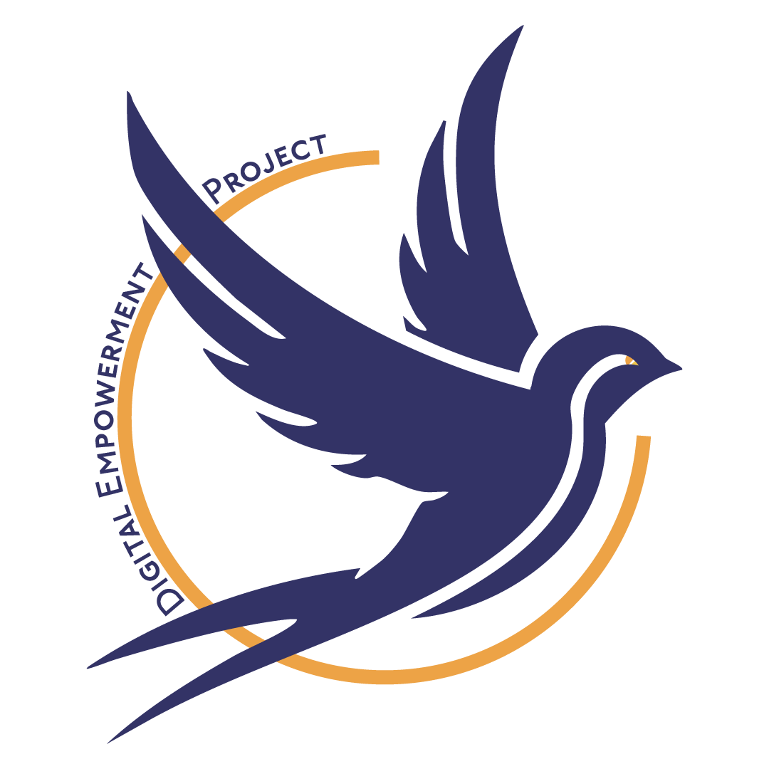 Logo des Digital Empowerment Projects. Stilisierte Schwalbe, Vektor Look in Lila, mit nach rechts geöffneten Kreis und Text auf Pfad mit dem Projektnamen.